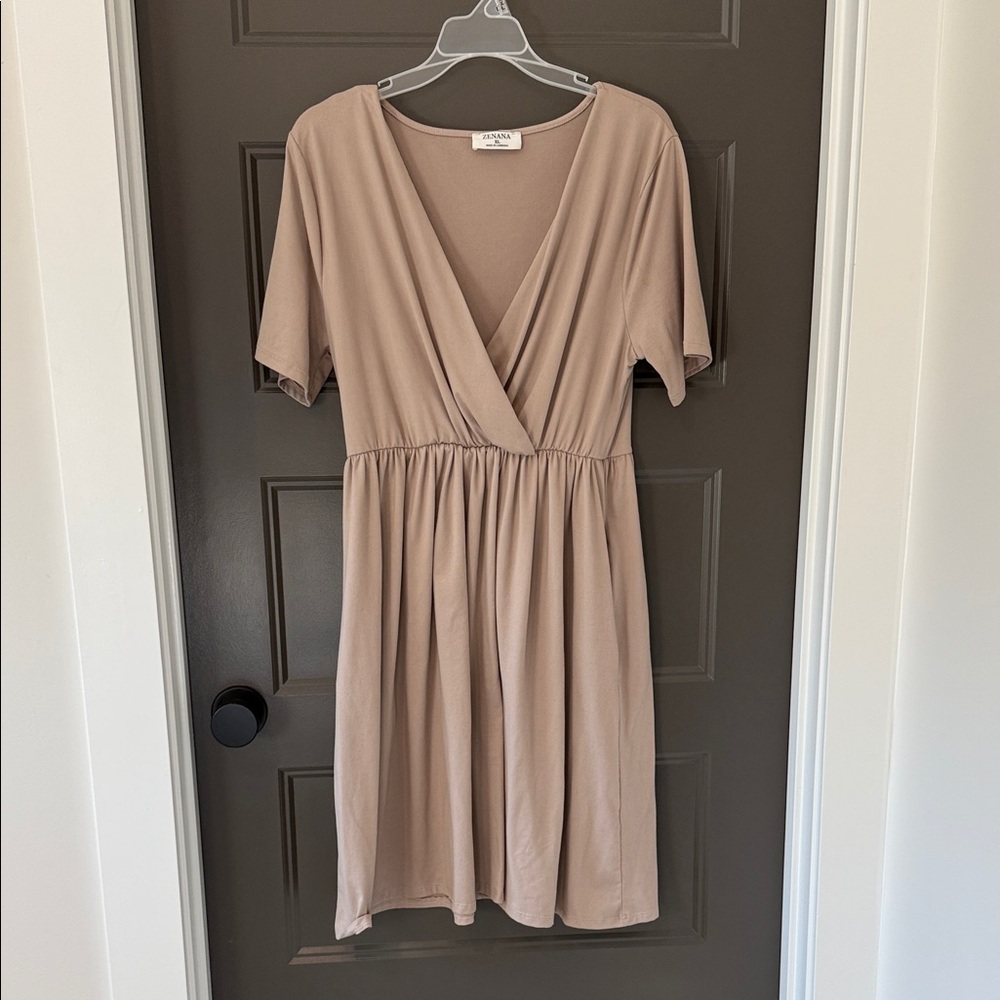 Zenana Outfitters Beige V-Neck Mini Dress